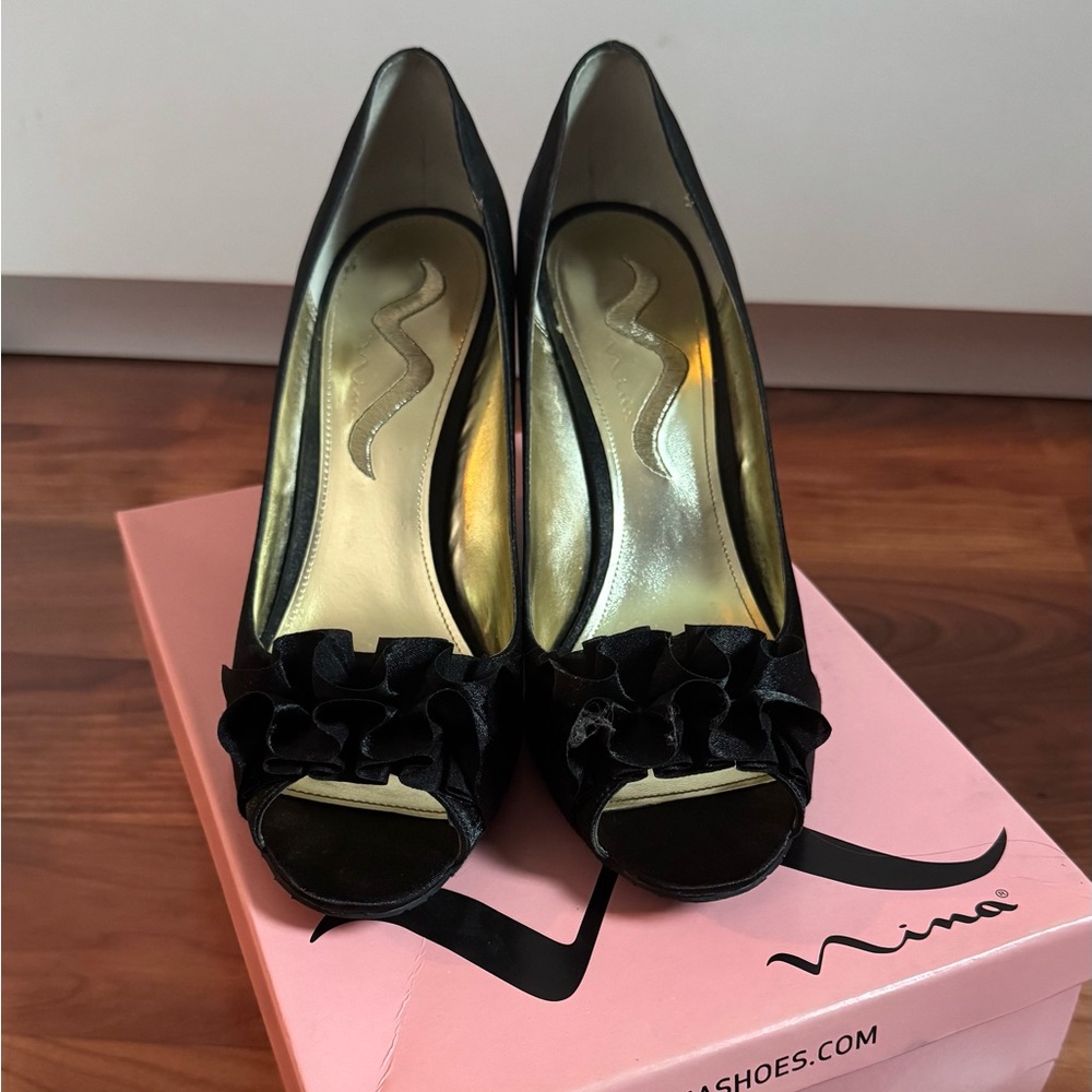Nina Elegant Black Ruffle Wedge